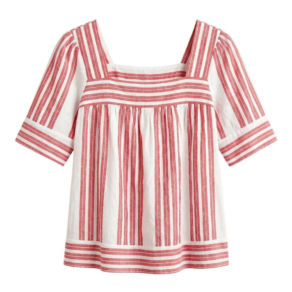 Old Navy Womens M Coastal Preppy Cottagecore Linen Square Neck Pleated Blouse